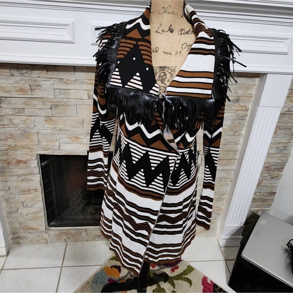 Tricotto Aztec Western‎ faux leather Fringe duster cardigan sweater size XS